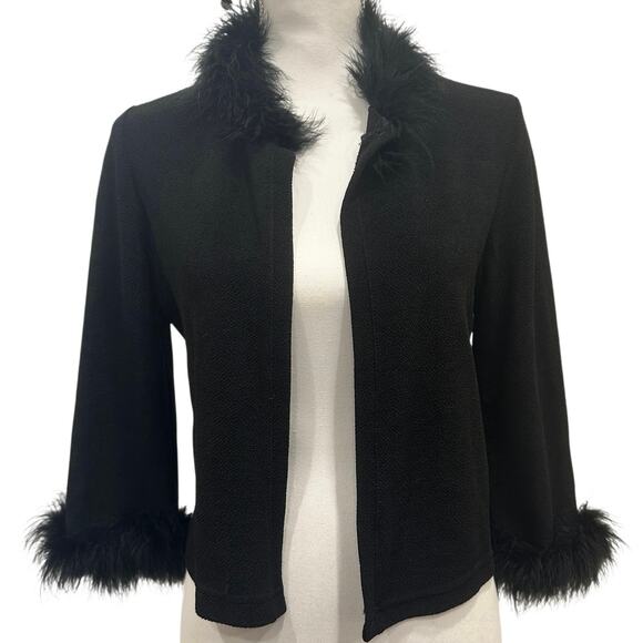 Marian & Maral Vintage 90s Black Feather Trim Cropped Evening Cardigan Glam - Picture 1 of 8